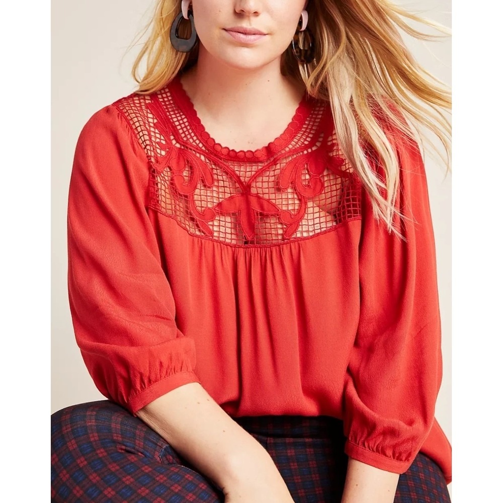 Anthropologie Red Crochet-Yoke Peasant Blouse